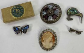 MIRACLE & OTHER VINTAGE BROOCHES including three in sterling silver, one being in the form of a