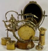 VINTAGE & LATER BRASSWARE GROUP - to include a dinner gong with beater on circular oak stand,