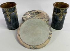 ROYAL DOULTON STONEWARE VASES, A PAIR and a pink marble bowl and cover with carved woman's head