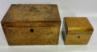 BURR WALNUT BOXES x 2 to include a workbox, 16cms H, 26cms W, 16cms D and a similar tea caddy, 12cms