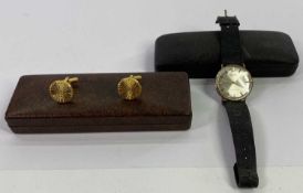 9CT GOLD CASED ACCURIST GENT'S WRISTWATCH with leather strap, cased and a pair of gold colour
