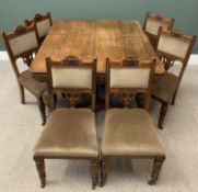 ANTIQUE OAK EXTENDING DINING TABLE on bulbous, turned and block supports, 76cms H, 254cms W,