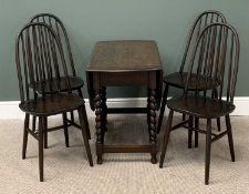 ERCOL - four stickback dining chairs along with an oak barley twist gate leg table, 73cms H,