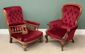 VICTORIAN MAHOGANY SPOONBACK ARMCHAIR with buttoned back, having scrolled arms and supports,