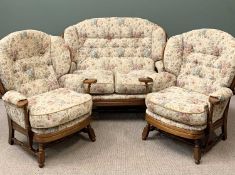 ERCOL TYPE COTTAGE THREE PIECE SUITE comprising sofa, 103cms H, 129cms W, 53cms D and a pair of