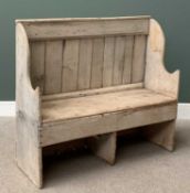 STRIPPED PINE SETTLE, 110cms H, 122cms W, 46cms D