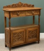 CIRCA 1900 OAK DUMB WAITER with carved lion mask detail, 124cms H, 108cms W, 38cms D