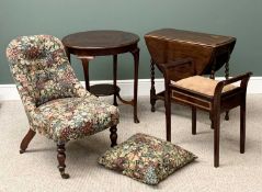 FURNITURE ASSORTMENT to include an upholstered easy chair on turned supports, piano stool, barley