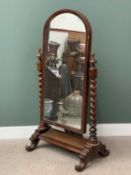 VICTORIAN MAHOGANY CHEVAL MIRROR, an excellent example, on twist and scrolled supports, the mirror