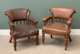 VINTAGE CAPTAIN'S TYPE TUB CHAIRS, a pair (one red, one brown), rexine seated, on turned supports