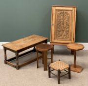 FURNITURE ASSORTMENT (5) to include a carved front oak single door cupboard, 106cms H, 55cms W,