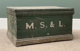 VINTAGE PINE CHEST - painted green and initialled 