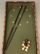 VINTAGE BAGATELLE/BILLIARDS GAME with baize top, balls and cues, labelled 