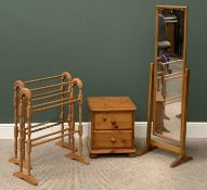 MODERN PINE BEDROOM FURNITURE - cheval mirror, 144cms H, 41cms W, 33cms D, a narrow two drawer