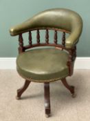 CAPTAIN'S TYPE OFFICE CHAIR, upholstered in green vinyl, on a swivel and castor base, 80cms H, 66cms