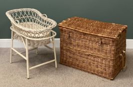 WICKER LAUNDRY OR SIMILAR BASKET, 61cms H, 91cms W, 59cms D and wicker crib and stand, 78cms H,
