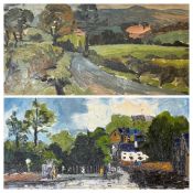 RAYMOND EVANS oil on board - St Asaph, signed, 49 x 74cms and a semi-abstract - rural scene,