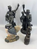 COMPOSITION DECORATIVE STATUES IN BLACK, one other depicting African women and a reproduction cast