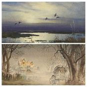 FRANK ROSE watercolour - Romany horse drawn caravan with Tudor style house in the background,