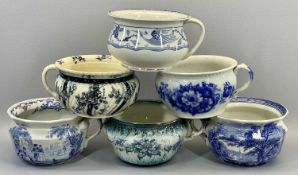 CHAMBER POTTY PLANTER POTS (6) - in various blue and white patterns, all bearing back stamps