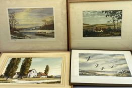 WINSTON MEGORAN watercolour (framed but unglazed) - farm buildings, signed, 28 x 42cms and three