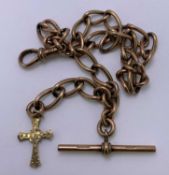 9CT GOLD CABLE LINK ALBERT WITH T BAR & GOLD CROSS ATTACHED - 32cms L, fully stamped, 30grms gross