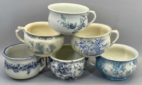 CHAMBER POTTY PLANTER POTS (6) - in various blue and white patterns, one back stamped 'Bute' by