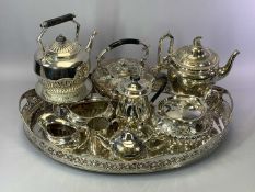 MIXED EPNS TEAWARE - on a two-handled oval galleried tray, 61 x 41cms