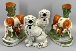 STAFFORDSHIRE POTTERY ORNAMENTS, TWO PAIRS - to include two gilt decorated white seated spaniels and