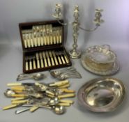 MIXED EPNS WARE WITH CASED & LOOSE CUTLERY - to include a two branch candelabra, 44cms H, wood and