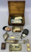 SMALL SILVER, WHITE METAL & OTHER COLLECTABLES - in an inlaid olive wood box, the silver includes