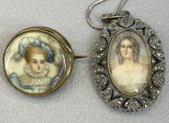 VINTAGE PORTRAIT MINIATURES - mounted in precious metals (2) including a 9ct gold circular brooch