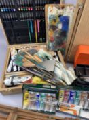 ARTIST'S EQUIPMENT & MATERIALS - to include a folding easel, folding table easel, paints, brushes,