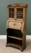 VINTAGE SLIMLINE OAK BUREAU BOOKCASE with railback top over twin leaded glazed doors and interior