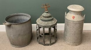ASSORTED METALWARE to include galvanized washtub, 54cms H, 47cms diameter, vintage milk churn, 76cms