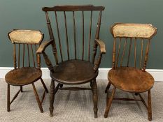 THREE VINTAGE HIGHBACK CHAIRS to include a circular seat stick back armchair on turned supports,