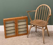 ERCOL LIGHT ELM SPINDLEBACK ELBOW CHAIR, 83cms H, 61cms W, 38cms D and glass fronted oak wall