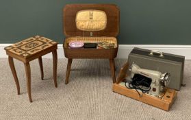 NOVIUM ELECTRIC SEWING MACHINE with foot pedal (cased) and two lift-lid work tables, one being a