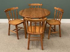 REPRODUCTION PINE CIRCULAR DINING TABLE, 75cms H, 90cms diameter and a set of four farmhouse type