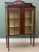 CIRCA 1900 INLAID MAHOGANY CHINA DISPLAY CABINET having a shaped top rail and slim lower central