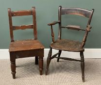 ELM FARMHOUSE ARMCHAIR, 89cms H, 53cms W, 42cms D and a single oak farmhouse chair