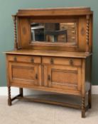 VINTAGE OAK MIRROR BACK SIDEBOARD having carved and beaded detail to the chamfered mirror single