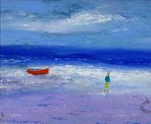 PETER JOHN JONES (contemporary) acrylic on board - entitled verso 'Red Boat and Beachwalker', signed