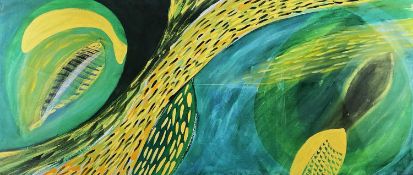 BRITISH SCHOOL gouache - semi-abstract peacock feathers, unsigned, framed and glazed by John