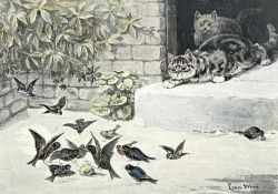 LOUIS WAIN (1860-1939) coloured engraving - cats and garden birds, framed and glazed, 23 x 30cms