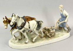 SITZENDORF MODEL OF HORSE DRAWN PLOUGH & FARMER AT WORK - 39cms H