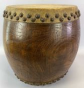 CHINESE HARDWOOD & SKIN BARREL DRUM - 35cms H, 30cms diam at top