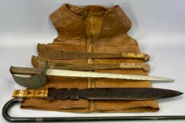 VINTAGE LEATHER WAISTCOAT, ebonised walking cane with silver collar, wooden swords and machetes,
