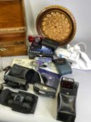 OLD BINOCULARS, treen workbox, Wiza 8 barrel mantel clock, brass pestle and mortar and an assortment