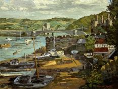 ROWENA WYN JONES oil on board - colourful scene of Conwy Castle, Bridge, River and boats, signed and